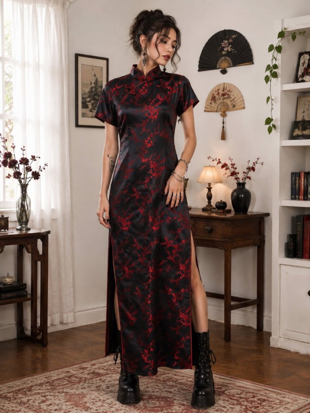 VTG Red Floral Brocade Satin Cheongsam Maxi Dress Qipao High Slit Goth Vampy 42